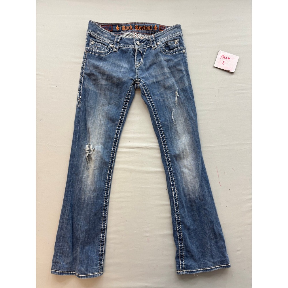 Rock Revival Jamie Easy Boot Distressed Jeans Size 26 Medium Wash Bootcut Denim